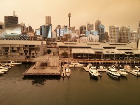 Sydney under smoky skies, seen from Pyrmont